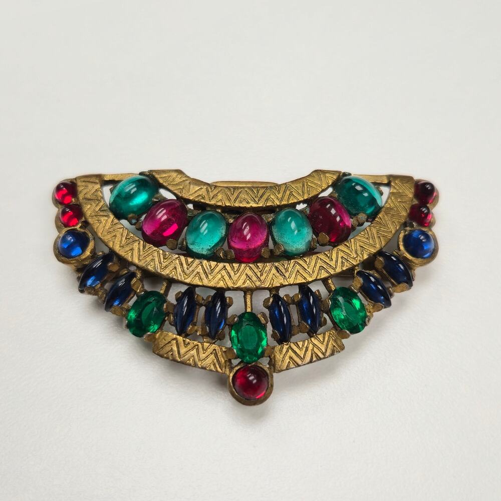 Vintage Art Deco Multi Gem Cabochon Belt Buckle Half Replacement Faux Ruby